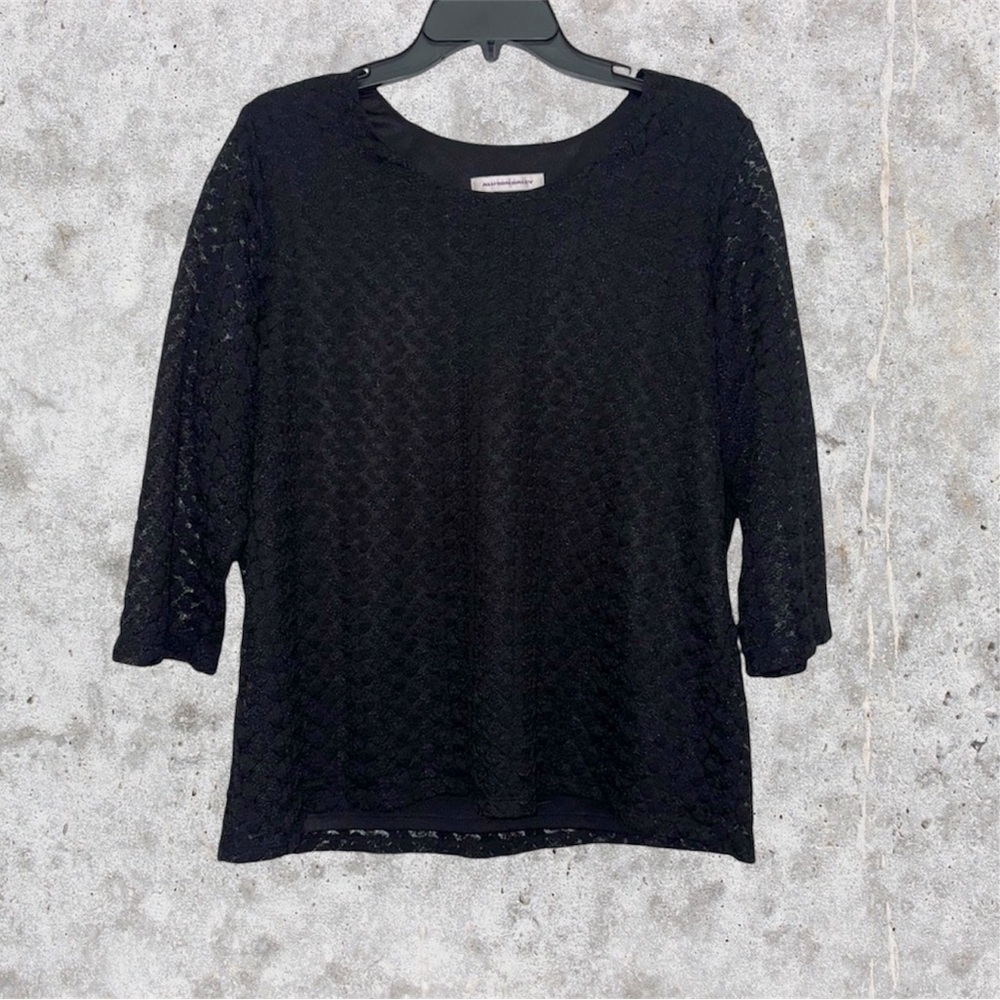 Allison Daley Black 3/4 Sleeve Boxy Blouse with Lace Overlay